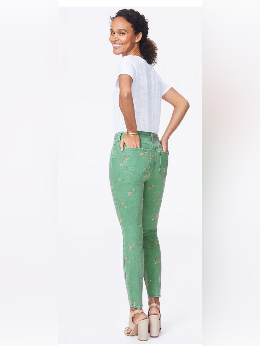 NYDJ Ami Skinny Jeans Green Floral Stretch Size 8 Lift Tuck